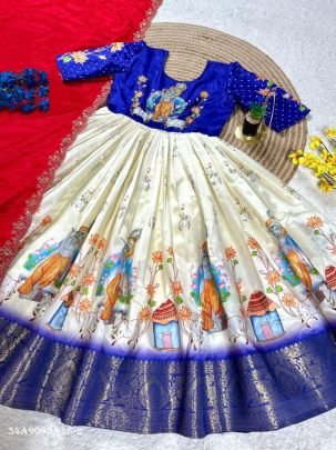 Elegant Pure Silk Moggam Work Gown Set with Chinon Dupatta