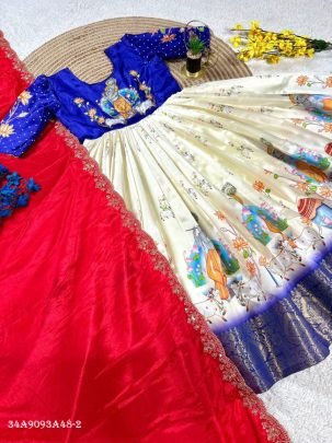 Elegant Pure Silk Moggam Work Gown Set with Chinon Dupatta