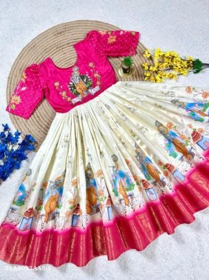 Elegant Pure Silk Moggam Work Gown Set with Chinon Dupatta