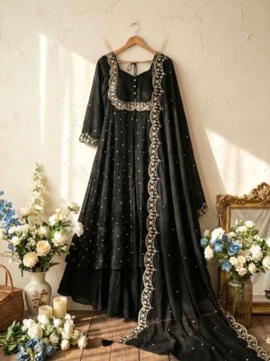 Black Vichitra Silk Embroidered Gown Set