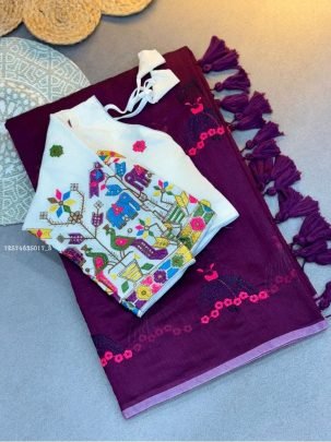 Embroidered Cotton Saree with Contrast Printed Blouse