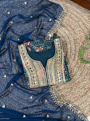 Embroidered Rayon Kurti Set with Organza Dupatta