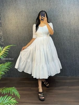 Embroidered Tiered Fit and Flare Midi Dress with Half Sleeves