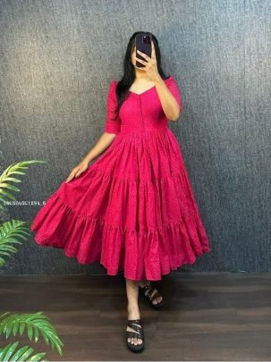 Embroidered Tiered Fit and Flare Midi Dress with Half Sleeves