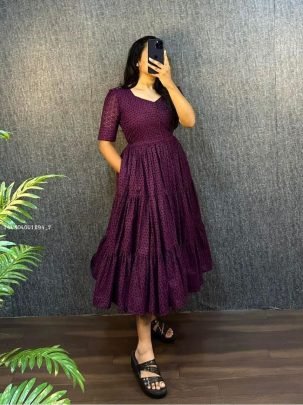 Embroidered Tiered Fit and Flare Midi Dress with Half Sleeves