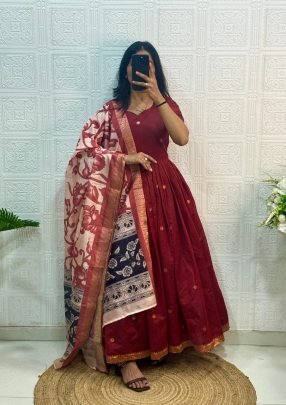 Flared Anarkali Gown with Floral Printed Dupatta