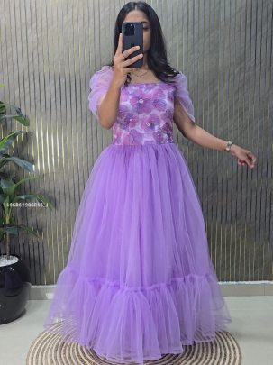 Floral Embroidered Net Gown with Puff Sleeves