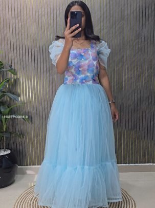 Floral Embroidered Net Gown with Puff Sleeves