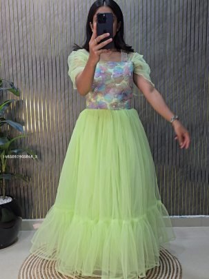 Floral Embroidered Net Gown with Puff Sleeves