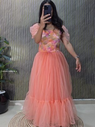 Floral Embroidered Net Gown with Puff Sleeves