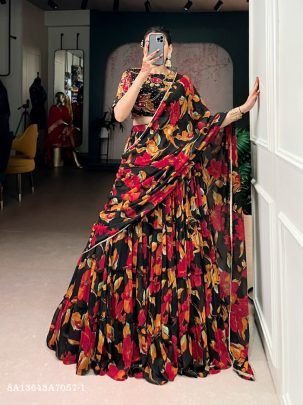 Floral Marble Print Lehenga Set with Dupatta