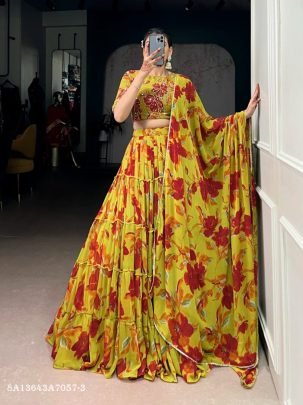 Floral Marble Print Lehenga Set with Dupatta