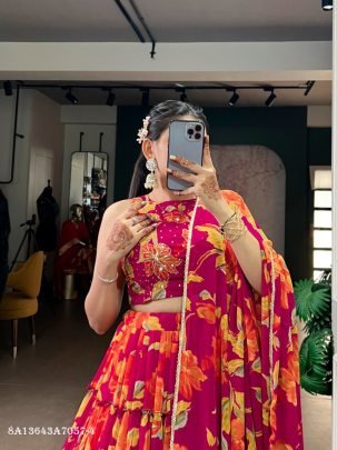 Floral Marble Print Lehenga Set with Dupatta