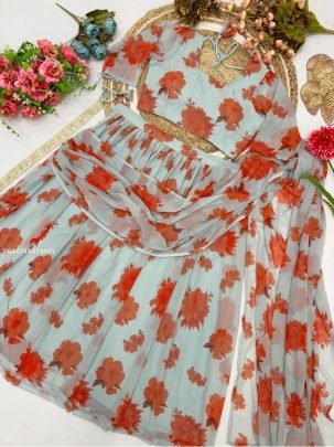 Floral Printed Georgette Lehenga Choli with Sheer Dupatta
