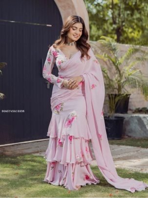 Floral Printed Ruffle Layer Saree with Matching Blouse