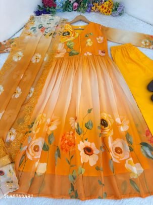 Fox Georgette Designer Gown Set with Dupatta & Pant