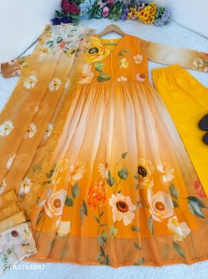 Fox Georgette Designer Gown Set with Dupatta & Pant