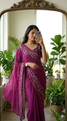 Geogette Saree  With Beautiful Heavy Bits Sequence Work Saree