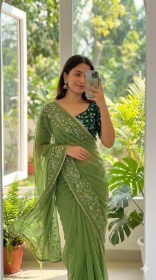 Geogette Saree  With Beautiful Heavy Bits Sequence Work Saree