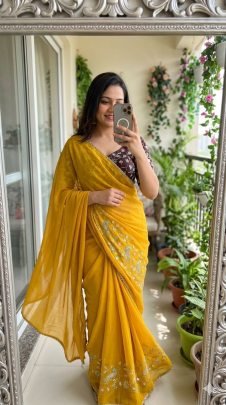 Geogette Saree  With Beautiful Heavy Bits Sequence Work Saree