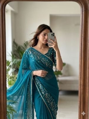 Geogette Saree  With Beautiful Heavy Bits Sequence Work Saree
