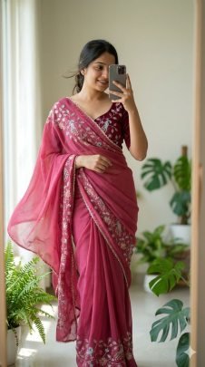 Geogette Saree  With Beautiful Heavy Bits Sequence Work Saree