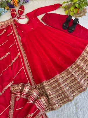 Heavy Chinon Silk Anarkali with Coding Embroidery & Gotta Patti Sequin Work