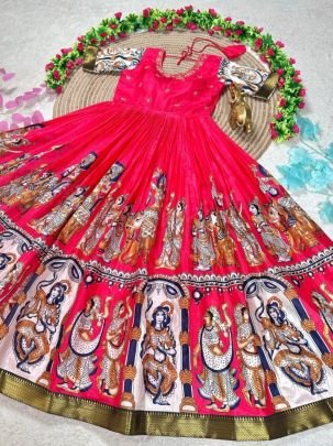 Kalamkari Anarkali Gown with Maggam Work in Premium Pulmy Silk