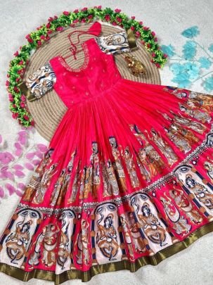 Kalamkari Anarkali Gown with Maggam Work in Premium Pulmy Silk