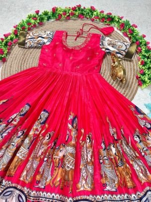 Kalamkari Anarkali Gown with Maggam Work in Premium Pulmy Silk