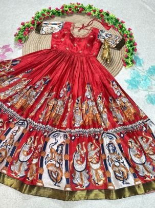 Kalamkari Anarkali Gown with Maggam Work in Premium Pulmy Silk