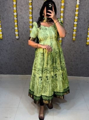 Kalamkari LimeGreen Print Dola Silk Anarkali Gown