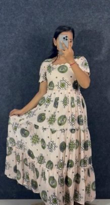 Kalamkari Muggu Print Mull Chanderi Midi Gown