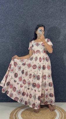 Kalamkari Muggu Print Mull Chanderi Midi Gown