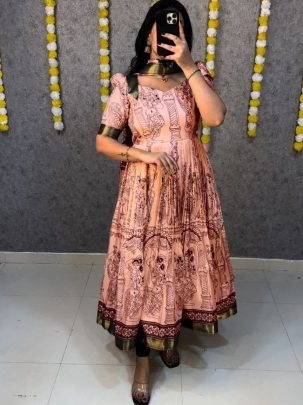 Kalamkari Pink Print Dola Silk Anarkali Gown