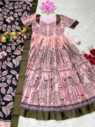 Kalamkari Pink Print Dola Silk Anarkali Gown