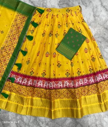 Kalamkari Printed Cotton Silk Lehenga Set with Zari Border