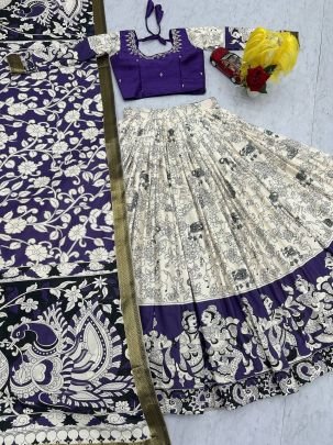 Kalamkari Printed Rion Cotton Lehenga Choli Set with Dupatta