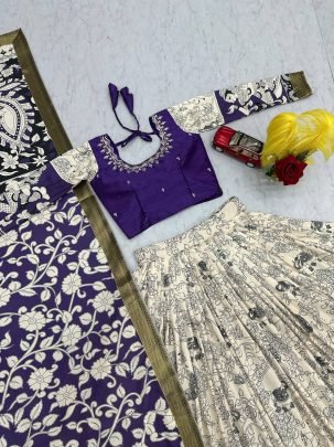 Kalamkari Printed Rion Cotton Lehenga Choli Set with Dupatta