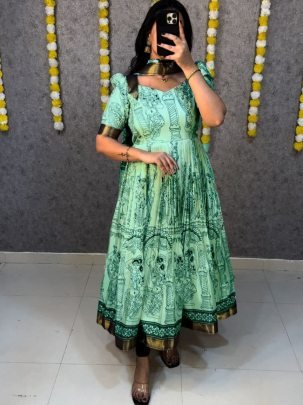 Kalamkari SeaGreen Print Dola Silk Anarkali Gown