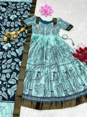 Kalamkari SeaGreen Print Dola Silk Anarkali Gown