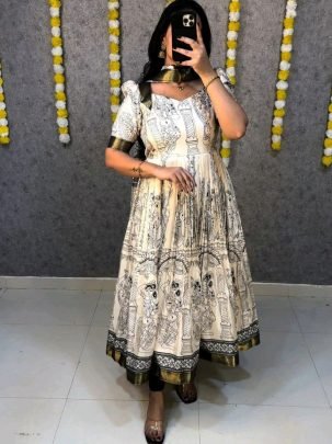 Kalamkari Whilte Print Dola Silk Anarkali Gown