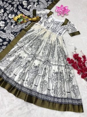 Kalamkari Whilte Print Dola Silk Anarkali Gown