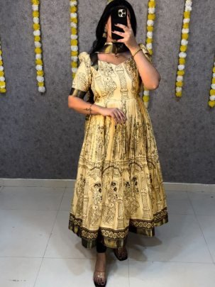 Kalamkari Yellow Print Dola Silk Anarkali Gown