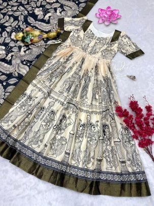 Kalamkari Yellow Print Dola Silk Anarkali Gown