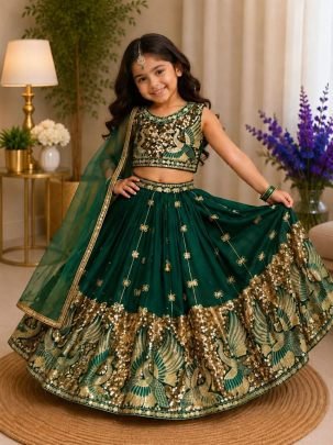 Kavya Peacock Embroidered Kids Lehenga Choli