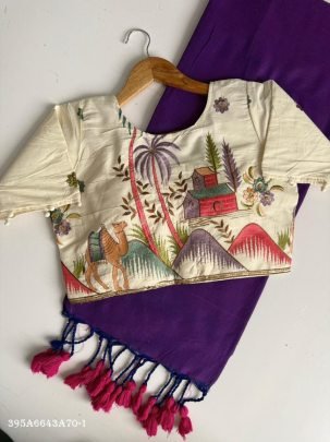 Khadi Cotton Saree with Designer Scenic Embroidered Blouse