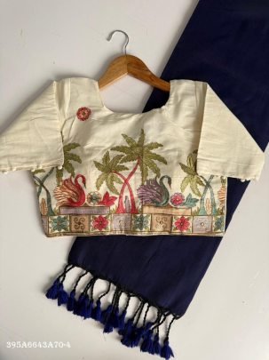 Khadi Cotton Saree with Designer Scenic Embroidered Blouse