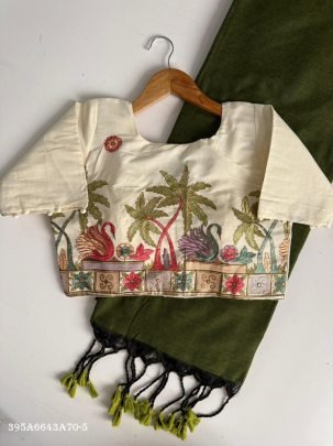 Khadi Cotton Saree with Designer Scenic Embroidered Blouse