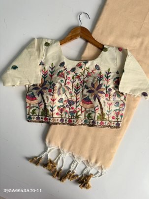 Khadi Cotton Saree with Designer Scenic Embroidered Blouse